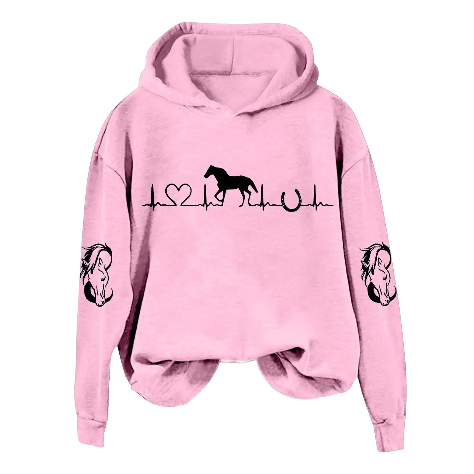 Funny Horse Hoodies for Women Fashion Printed Crewneck Sweatshirts Causal Horse Lover Sports Fall Winter Outfits Halloween Hoodies for Women Cotton(Zc7-PinkSmall)